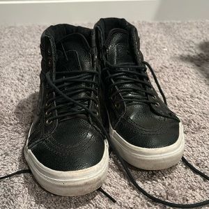 Black leather high top Vans